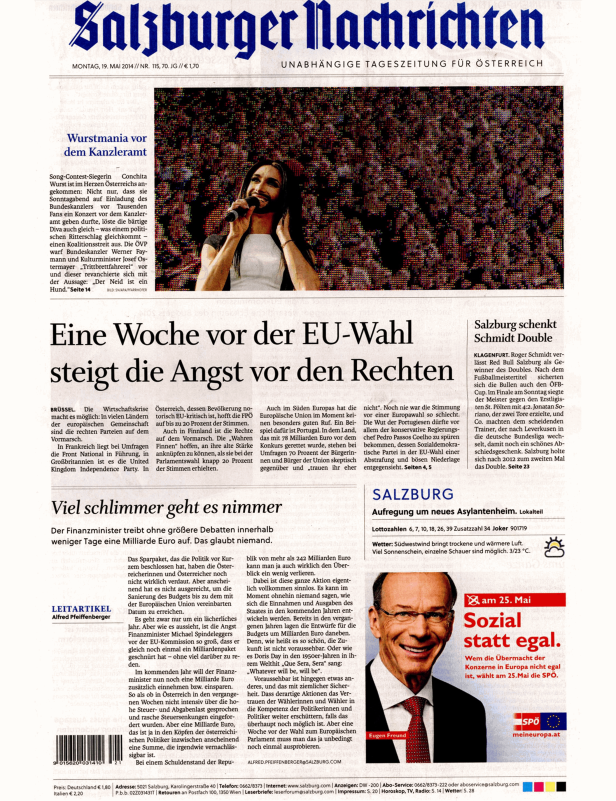 Titelseite der Salzburger Nachrichten vom 19. Mai 2014 mit Conchita Wurst und Artikeln zur EU-Wahl.