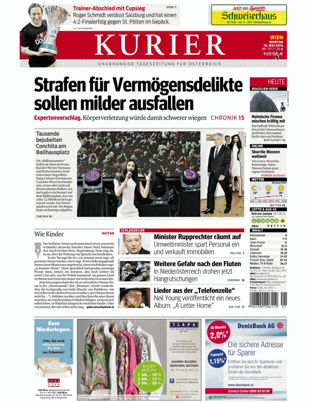 Titelseite der Zeitung Kurier vom 19. Mai 2014 mit Artikeln zu verschiedenen Themen.