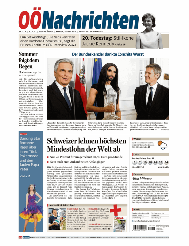 Titelseite der OÖNachrichten vom 19. Mai 2014 mit Bildern von Werner Faymann und Conchita Wurst.