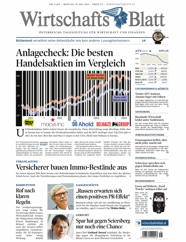 Titelseite des WirtschaftsBlatt vom 19. Mai 2014 mit dem Titel „Anlagecheck: Die besten Handelsaktien im Vergleich“.