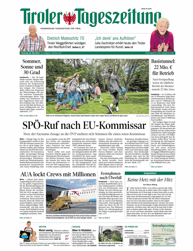 Titelseite der Tiroler Tageszeitung vom 20. Mai 2014.