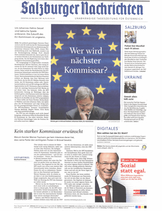 Titelseite der Salzburger Nachrichten vom 20. Mai 2014 mit der Frage: Wer wird nächster Kommissar?.