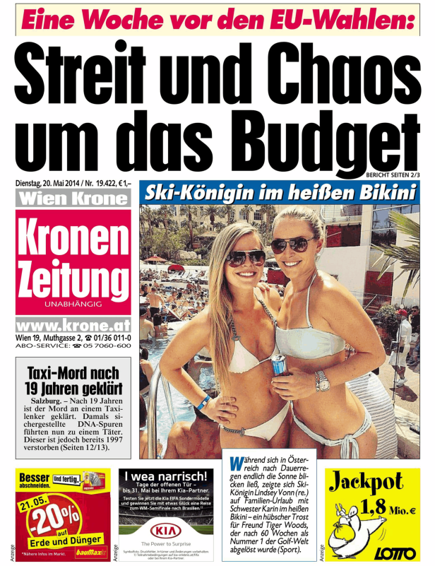Lindsey Vonn mit ihrer Schwester Karin im Bikini, wie auf der Titelseite der „Kronen Zeitung“ zu sehen ist.