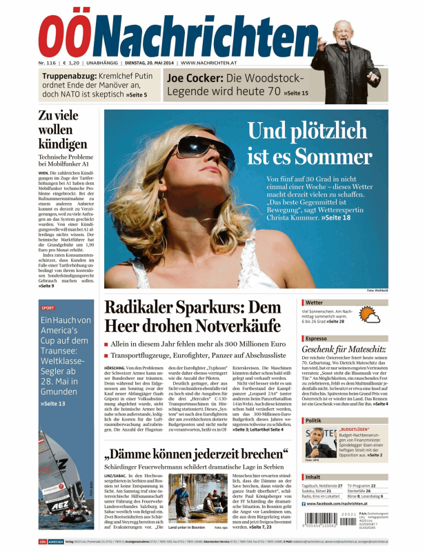 Titelseite der OÖ Nachrichten vom 20. Mai 2014 mit Artikeln zu verschiedenen Themen.