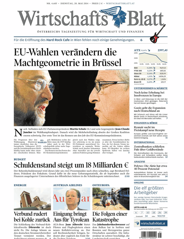 Titelseite des Wirtschaftsblatt vom 20. Mai 2014.