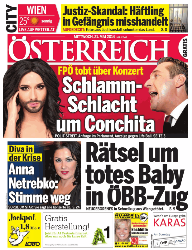 Titelseite der Zeitung „Österreich“ vom 21. Mai 2014 mit Schlagzeilen zu Conchita Wurst und Anna Netrebko.