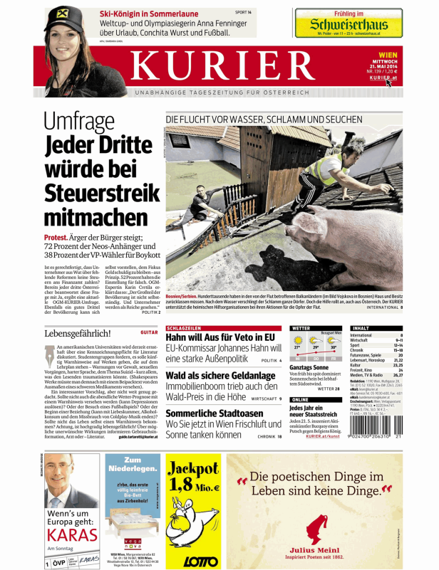 Titelseite des „Kurier“ vom 21. Mai 2014 mit Artikeln über Politik, Wirtschaft und Kultur.
