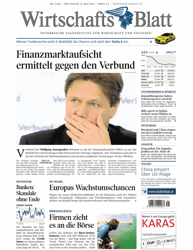 Titelseite des Wirtschaftsblatt vom 21. Mai 2014.