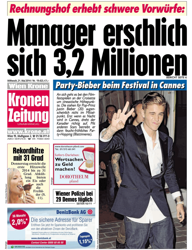 Justin Bieber auf dem Filmfestival in Cannes, laut „Kronen Zeitung“.