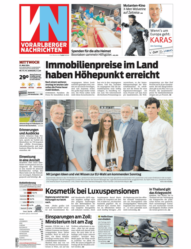 Titelseite der Vorarlberger Nachrichten vom 21. Mai 2014 mit Artikeln zu verschiedenen Themen.
