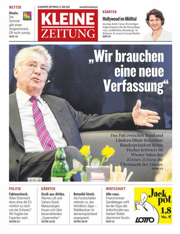 Titelseite der Kleinen Zeitung vom 21. Mai 2014 mit Bundespräsident Heinz Fischer.