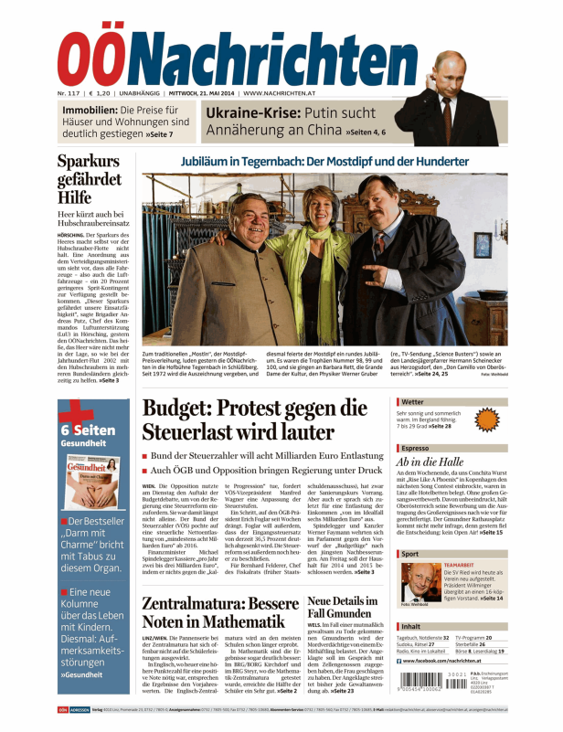 Titelseite der OÖNachrichten vom 21. Mai 2014 mit Artikeln zu verschiedenen Themen.