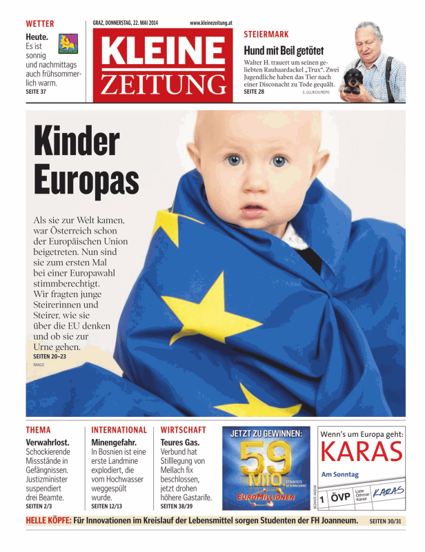 Ein Baby ist in die Europaflagge gehüllt, auf der Titelseite der Kleinen Zeitung.