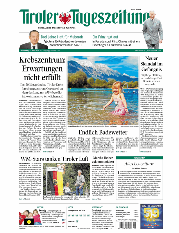 Titelseite der Tiroler Tageszeitung vom 22. Mai 2014.