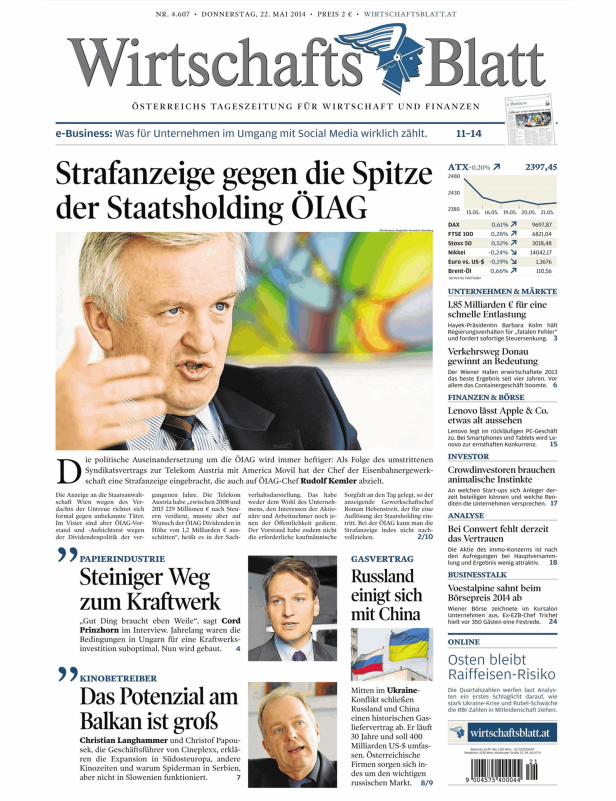 Titelseite des Wirtschaftsblatt vom 22. Mai 2014 mit Artikeln zu Wirtschaft und Finanzen.