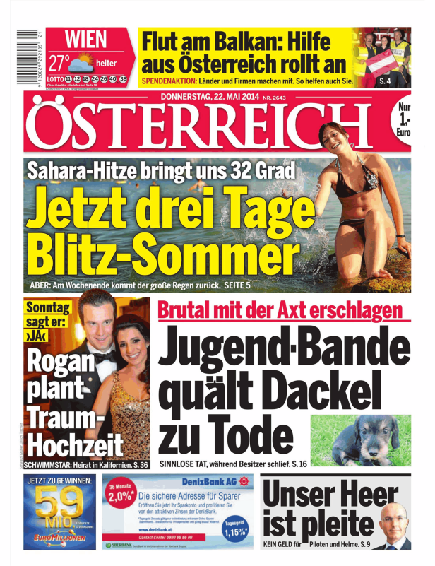 Titelseite der Zeitung „Österreich“ vom 22. Mai 2014 mit verschiedenen Artikeln.