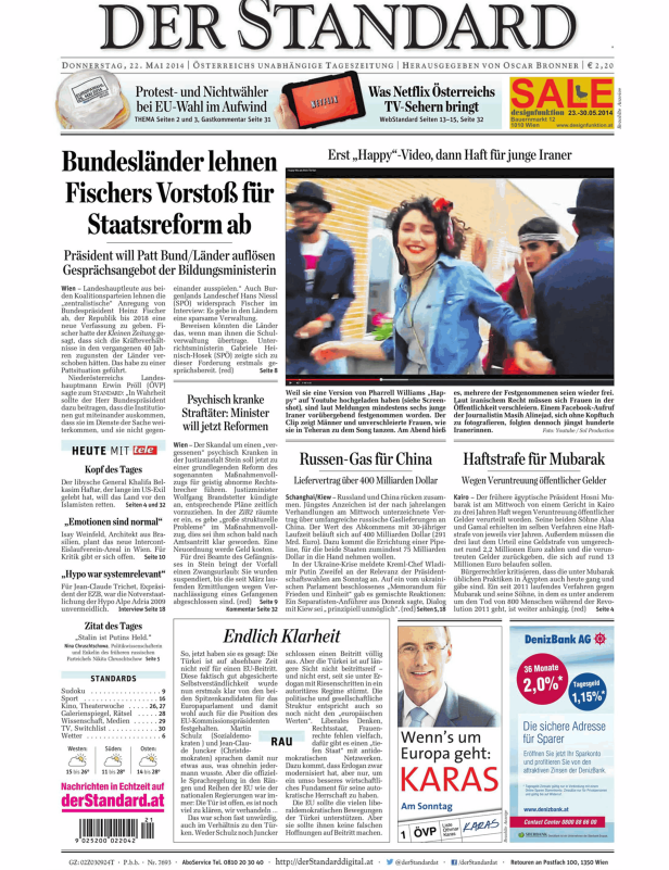 Titelseite der Zeitung Der Standard vom 22. Mai 2014.
