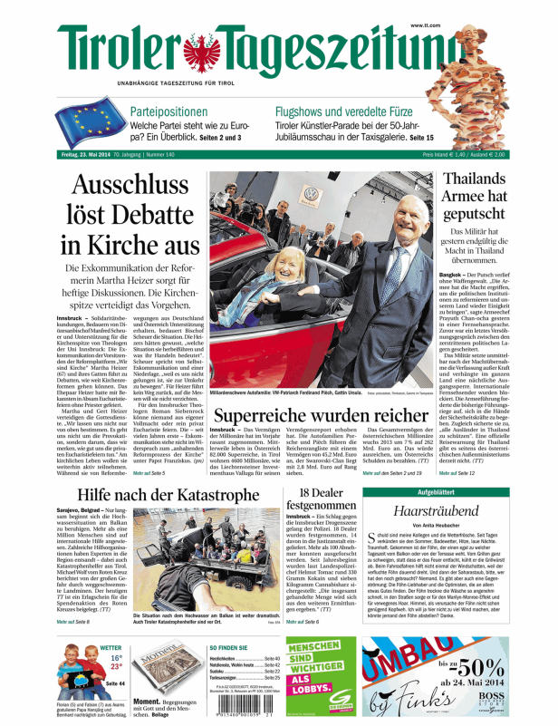 Titelseite der Tiroler Tageszeitung vom 23. Mai 2014 mit Artikeln zu verschiedenen Themen.
