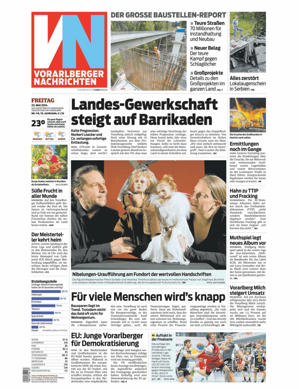 Titelseite der Vorarlberger Nachrichten vom 23. Mai 2014.