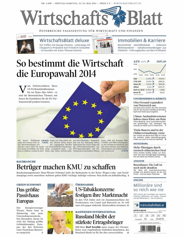 Titelseite des WirtschaftsBlatt vom 23./24. Mai 2014.