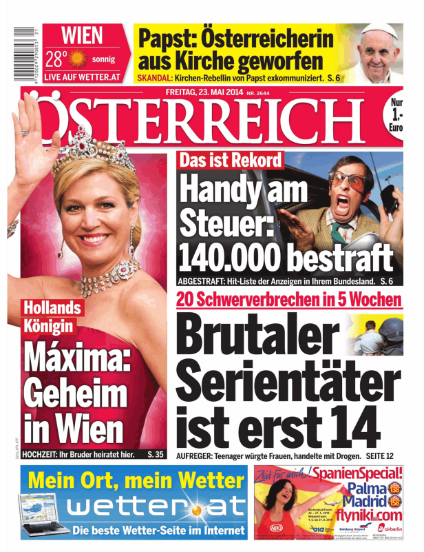 Titelseite der Zeitung „Österreich“ vom 23. Mai 2014 mit einem Bild von Königin Máxima.
