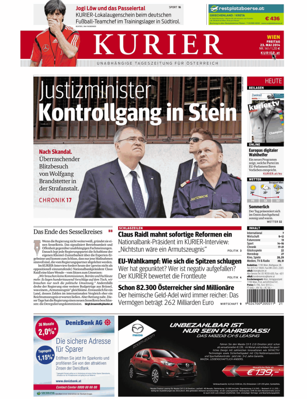 Titelseite des Kurier vom 23. Mai 2014 mit Justizminister Brandstetter im Fokus.