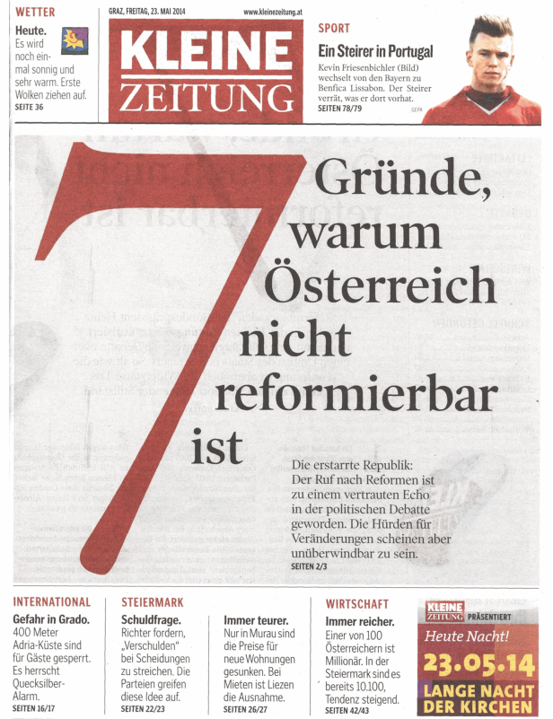 Titelseite der Kleinen Zeitung vom 23. Mai 2014 mit dem Titelthema „Gründe, warum Österreich nicht reformierbar ist“.