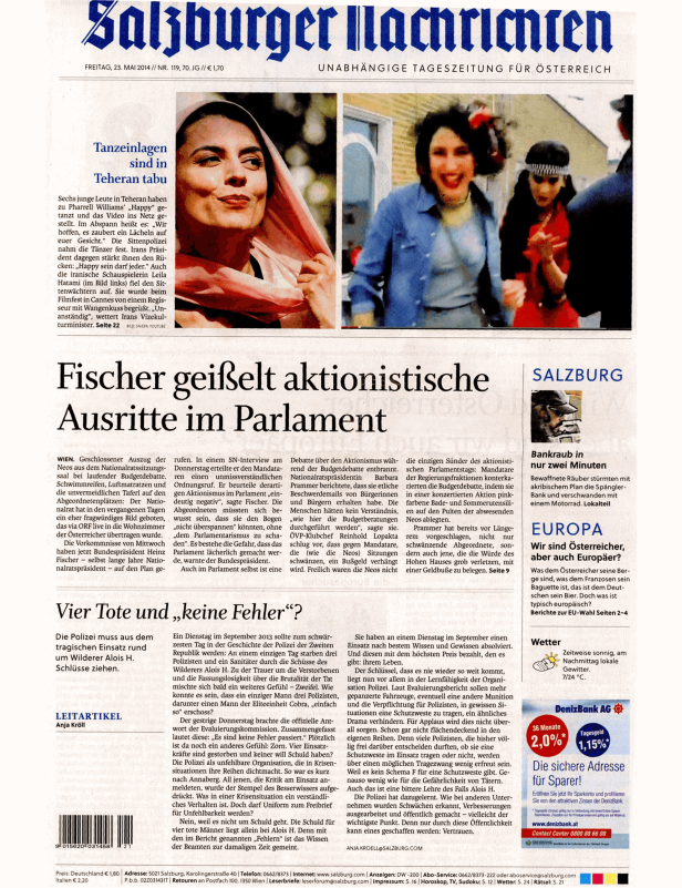 Titelseite der Salzburger Nachrichten vom 23. Mai 2014.
