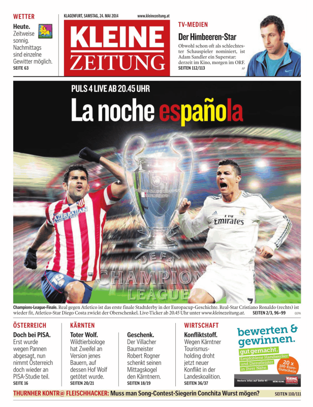 Titelseite der Kleinen Zeitung vom 24. Mai 2014 mit Bericht über das Champions-League-Finale.
