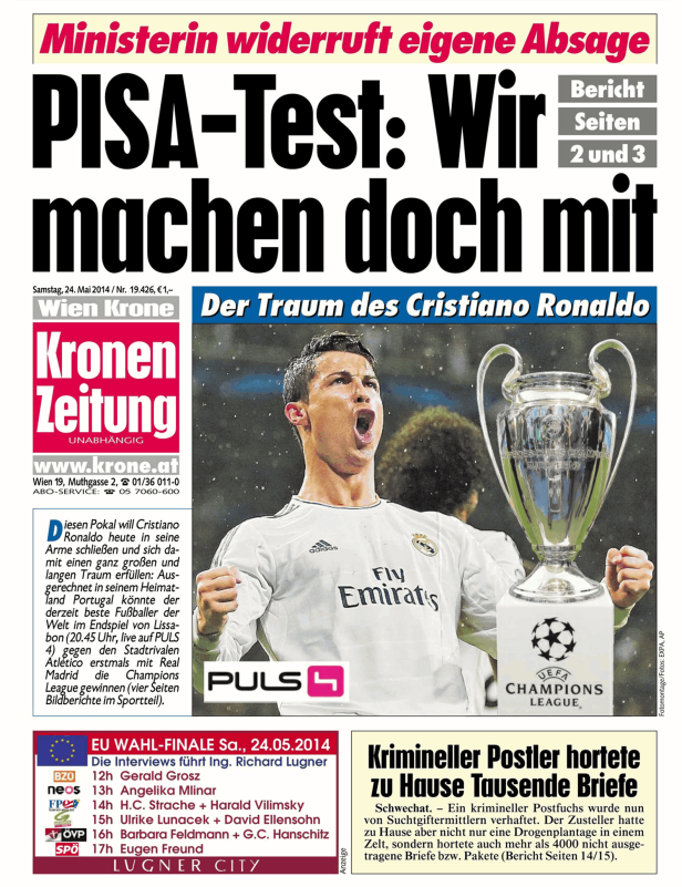 Titelseite der Kronen Zeitung mit Cristiano Ronaldo und dem Champions-League-Pokal.