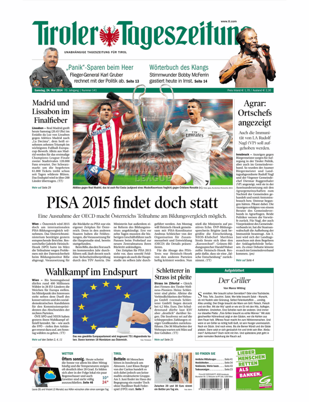 Titelseite der Tiroler Tageszeitung vom 24. Mai 2014 mit Nachrichten zu Sport, Politik und Kultur.