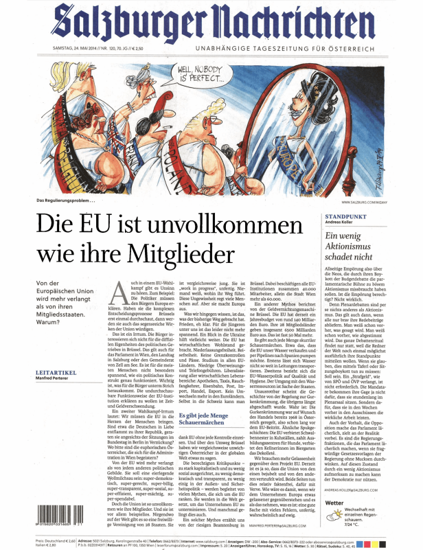 Eine Karikatur zeigt die EU-Mitgliedsstaaten als Schönheitsköniginnen vor einem Spiegel, der die „Miss Europa“ zeigt.