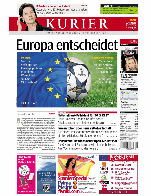 Titelseite des Kurier vom 24. Mai 2014 mit Nachrichten zu EU-Wahlen und Champions League.