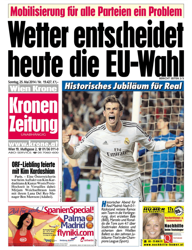 Gareth Bale jubelt im Trikot von Real Madrid vor dem Hintergrund eines Fußballspiels.