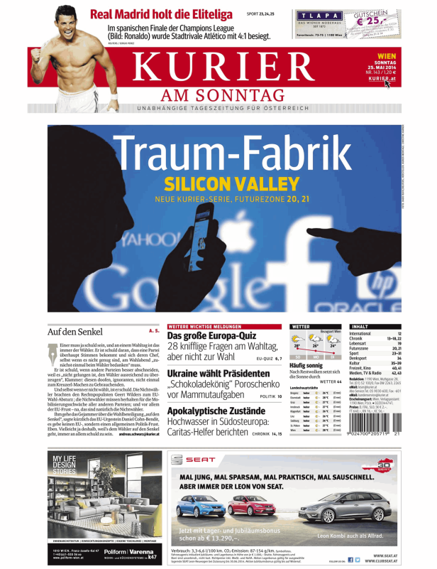 Titelseite des Kurier am Sonntag mit Artikeln über Real Madrid, Silicon Valley und die Präsidentenwahl in der Ukraine.