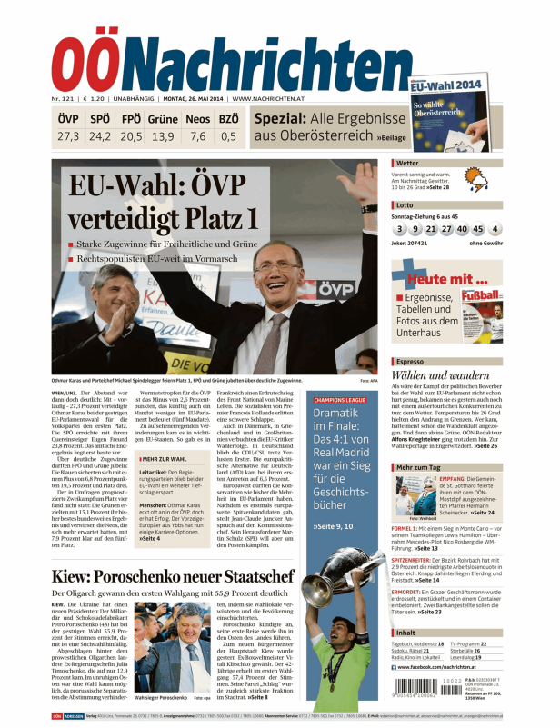 Titelseite der OÖNachrichten vom 26. Mai 2014 mit Berichten zur EU-Wahl und Petro Poroschenko.