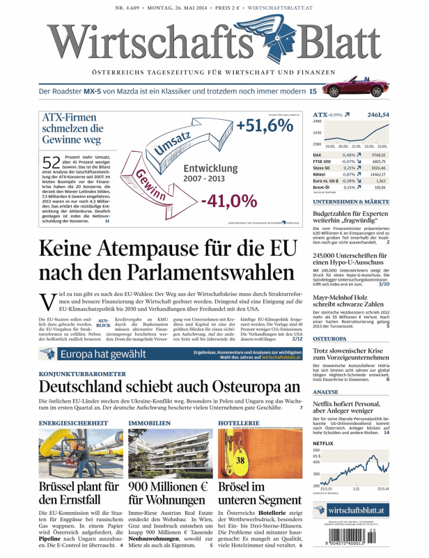 Titelseite des WirtschaftsBlatt vom 26. Mai 2014.