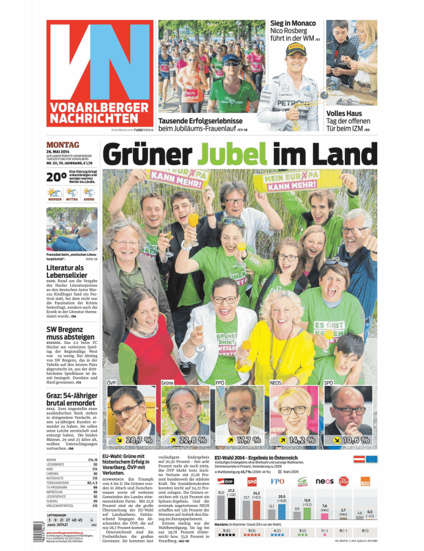 Titelseite der Vorarlberger Nachrichten mit dem Titel „Grüner Jubel im Land“.