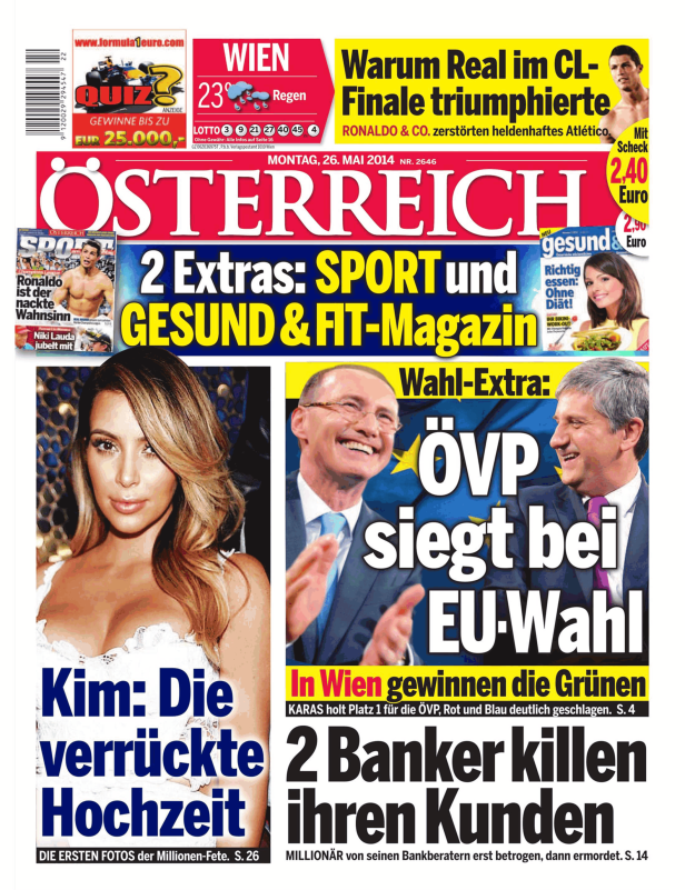 Titelseite der österreichischen Zeitung „Österreich“ vom 26. Mai 2014.