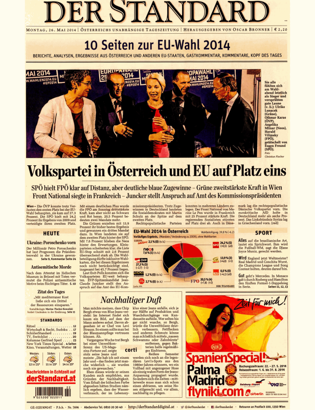Die Titelseite der Zeitung „Der Standard“ vom 26. Mai 2014 zur EU-Wahl.