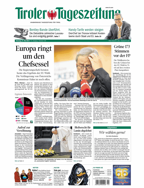 Titelseite der Tiroler Tageszeitung vom 27. Mai 2014.