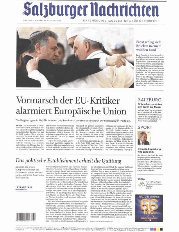 Titelseite der Salzburger Nachrichten vom 27. Mai 2014 mit Artikeln über EU-Kritiker und Papst Franziskus.