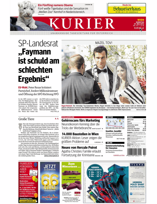 Titelseite des Kurier vom 27. Mai 2014 mit Artikeln über Politik, Wirtschaft und Kultur.