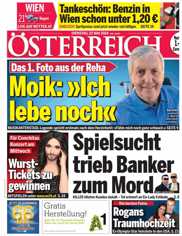 Titelseite der Zeitung „Österreich“ vom 27. Mai 2014 mit Karl Moik und Conchita Wurst.