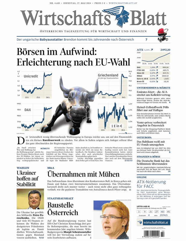 Titelseite des WirtschaftsBlatt vom 27. Mai 2014 mit Artikeln zu Wirtschaft und Finanzen.