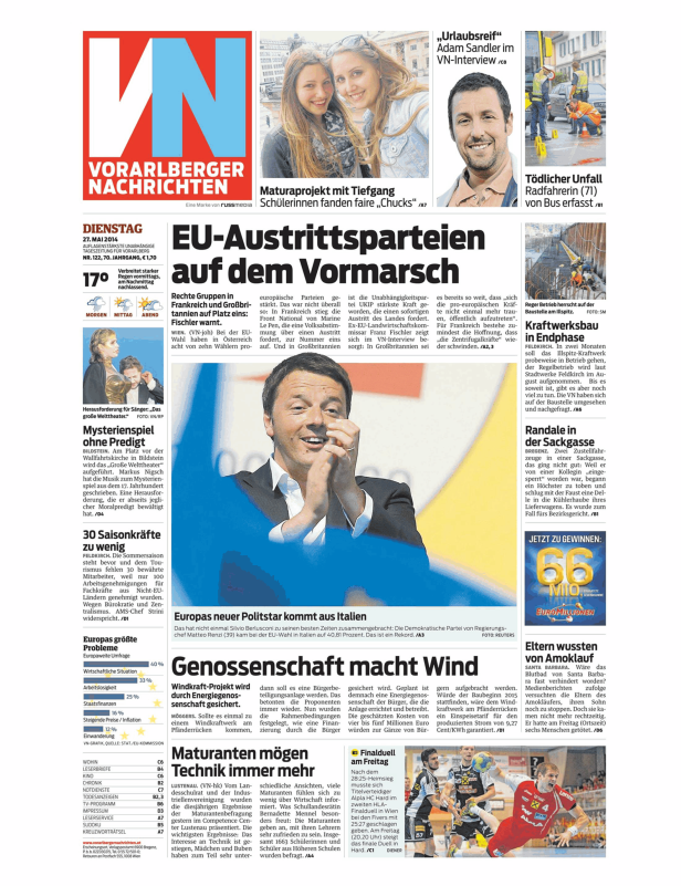 Titelseite der Vorarlberger Nachrichten mit Artikeln zu EU-Austrittsparteien und anderen Themen.