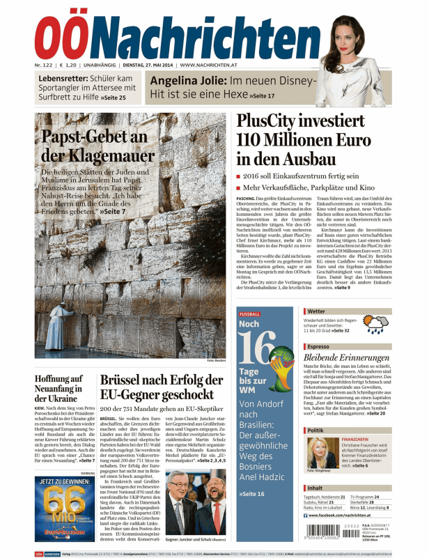 Titelseite der OÖNachrichten vom 27. Mai 2014 mit verschiedenen Nachrichten und Artikeln.