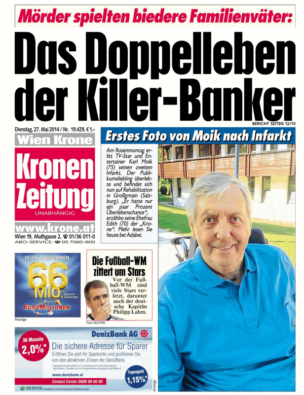 Titelseite der „Kronen Zeitung“ vom 27. Mai 2014 mit einem Artikel über Karl Moik nach seinem Infarkt.