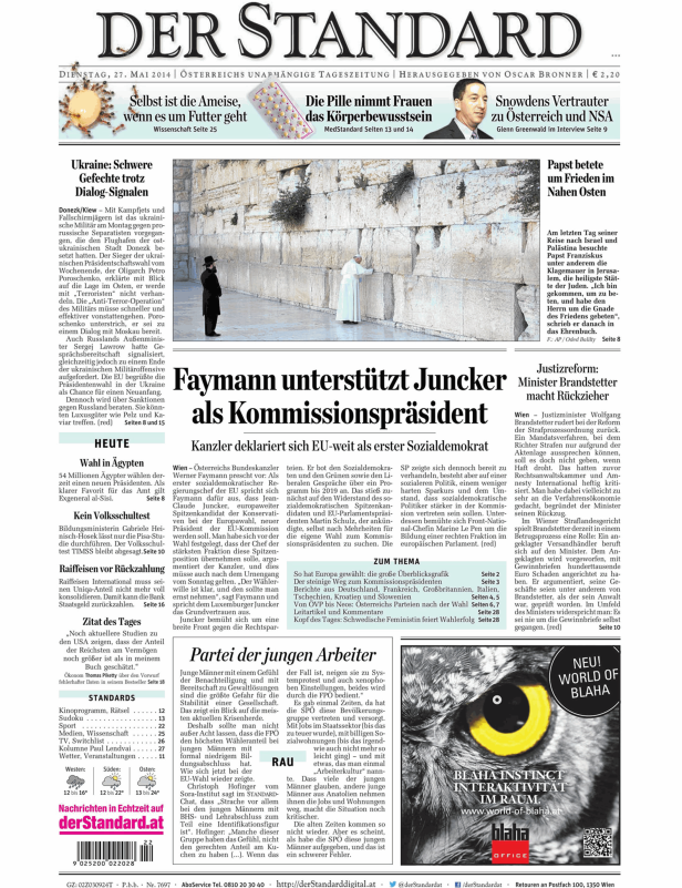 Titelseite der österreichischen Tageszeitung „Der Standard“ vom 27. Mai 2014.