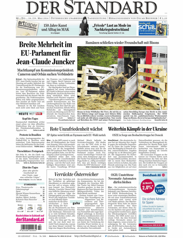 Eine Ausgabe der österreichischen Tageszeitung „Der Standard“ vom 28./29. Mai 2014.